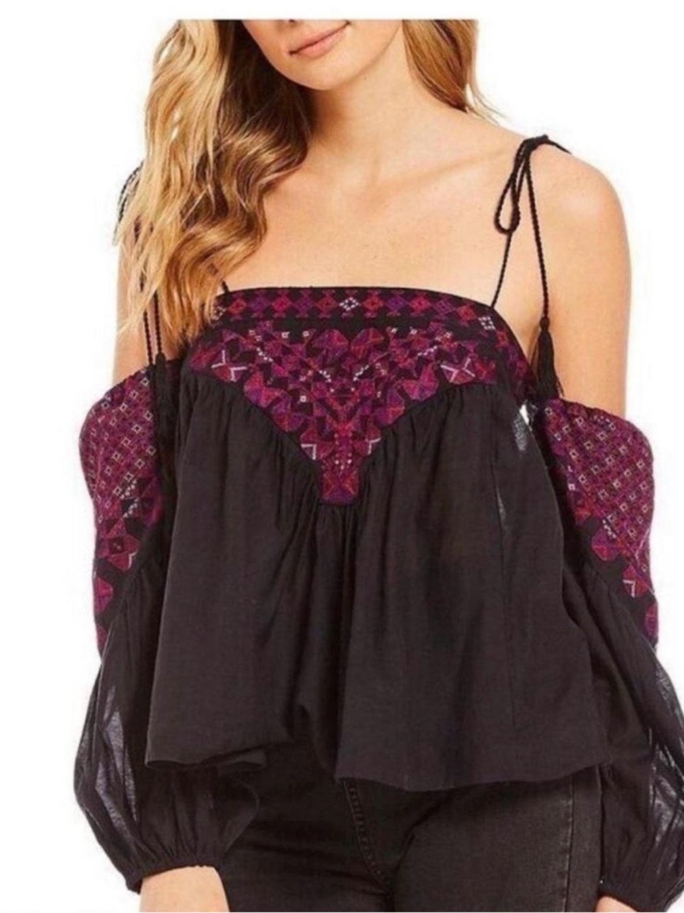 Free People Black Off-Shoulder Top with Magenta Embroidery